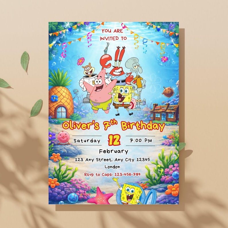 May include: A colorful birthday invitation featuring cartoon characters from a popular animated series. The invitation includes the text "You are invited to Oliver's 7th Birthday" with the date, time, and location details. The design has an underwater theme.