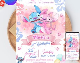 Stitch and Angel Birthday Invitation, Editable Stitch Birthday Invitation, Digital Party Invite, Stitch Birthday Party Invitation Printable