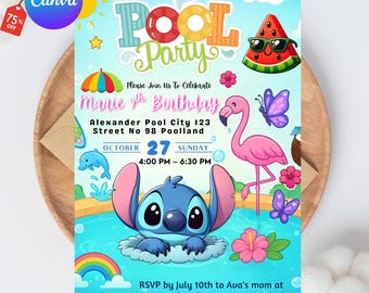 Editable Stitch & Pool Party Invitation, Birthday Pool Invite Stitch Party Invite Printable Pool Birthday Template, Instant Digital Download