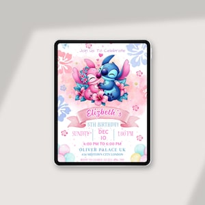 May include: Digital invitation on a tablet for Elizabeth's 5th birthday. The design features Stitch and Angel from Lilo & Stitch, surrounded by pink flowers and balloons. Text includes event details.