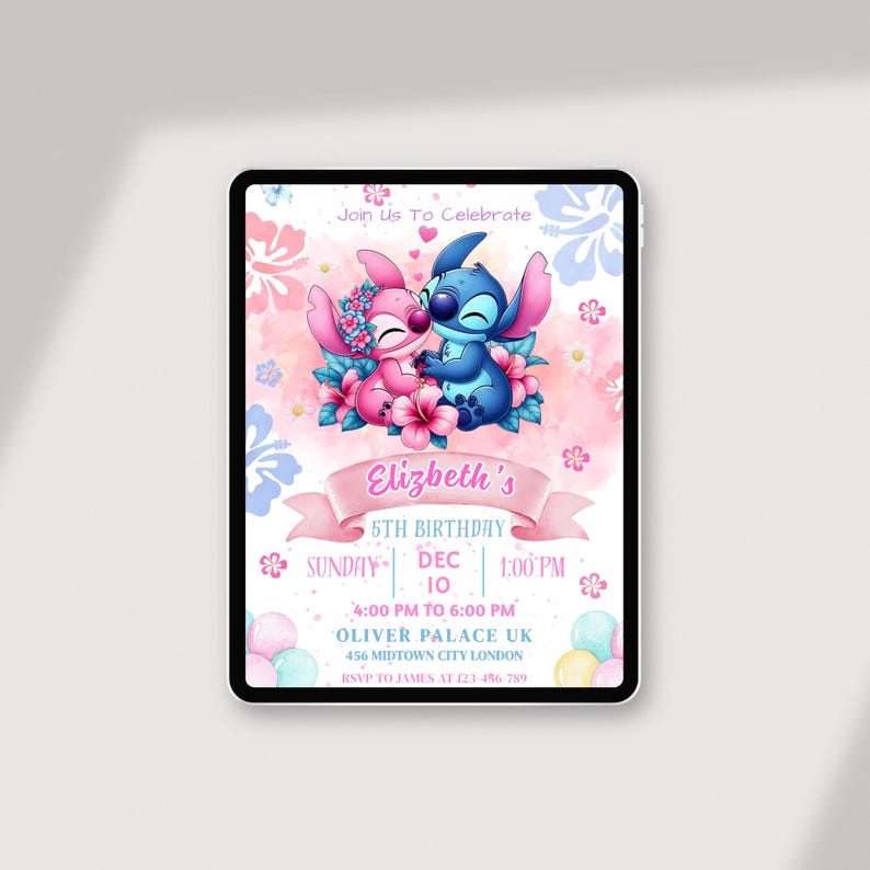 May include: Digital invitation on a tablet for Elizabeth's 5th birthday. The design features Stitch and Angel from Lilo & Stitch, surrounded by pink flowers and balloons. Text includes event details.