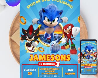 Invitación de cumpleaños de Sonic para fiesta infantil, invitación para fiesta de Sonic el Erizo, cumpleaños editable de Sonic 3 para niñas, descarga instantánea