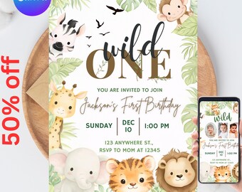 Safari Erster Geburtstag Evite, Wild One Geburtstag, 1. Geburtstag Digitale Einladung, Dschungel Erster Geburtstag Evite, Dschungeltiere Party Canva