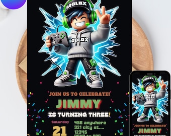Invitación de Roblox, fiesta de juegos, plantilla de invitación de cumpleaños para chicos de Roblox, cumpleaños de juegos, Roblox para niños, plantilla editable, Canva