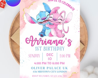 Stitch and Angel Birthday Invitation, Editable Stitch Birthday Invitation, Digital Party Invite, Stitch Birthday Party Invitation Printable