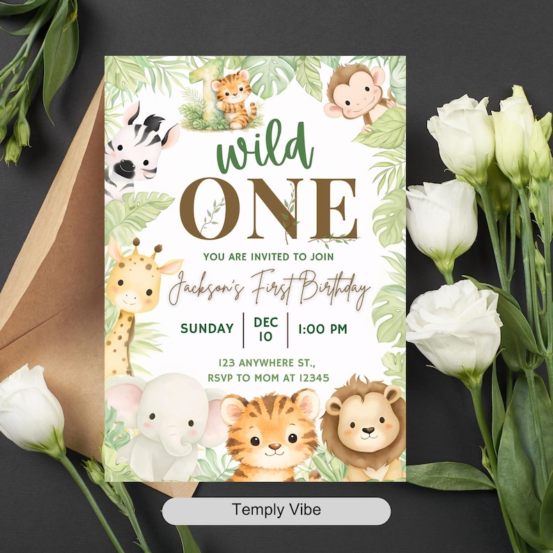 Safari Primer Cumpleaños Evite, Salvaje Cumpleaños, Invitación Digital para Primer Cumpleaños, Jungle Primer Cumpleaños Evite, Fiesta de Animales de la Jungla Canva imagen 4