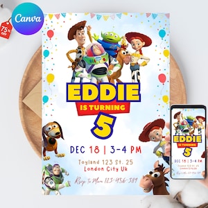 May include: A colourful birthday party invitation with cartoon characters. The invitation says "Eddie is turning 5" in yellow and blue. The date, time, and location of the party are also displayed, along with a phone number.