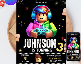 Invitación de Roblox, fiesta de juegos, plantilla de invitación de cumpleaños para chicos de Roblox, cumpleaños de juegos, Roblox para niños, plantilla editable, Canva