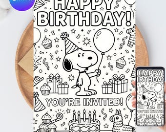 Happy Birthday Coloring Card DIGITAL | Snoopy Dog | Colouring Greeting Card for Kids | Instant Download | EDITABLE Printable File Download