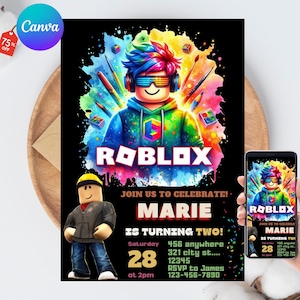 Roblox Invitation, Roblox Invite, Game Party, Roblox Boys Birthday Invitation Template, Game Birthday, Kids Roblox, Editable Template, Canva