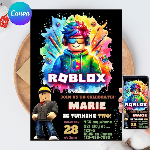 Roblox Invitation, Roblox Invite, Game Party, Roblox Boys Birthday Invitation Template, Game Birthday, Kids Roblox, Editable Template, Canva