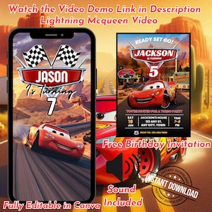 May include: A digital birthday invitation template featuring a red race car character on a desert road. The design includes text reading Jason Is Turning 7, Jackson Is Turning 5, Ready Set Go, and party details. Includes a sound icon and instant download badge.