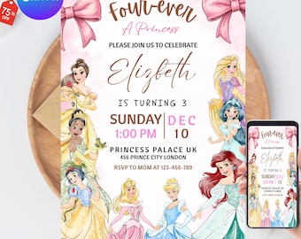 May include: A princess-themed birthday invitation with watercolor illustrations of Disney princesses. The invitation features the text "Four-ever A Princess" and details for a party, including the name "Elizabeth" and the date.