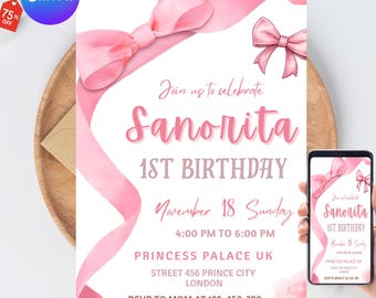Invitación de cumpleaños con lazo rosa coqueta, invitación de cumpleaños con lazo rosa, invitación de cumpleaños con cinta, invitación con lazo rosa coqueta Canva