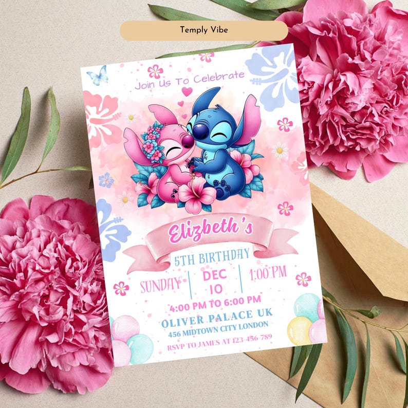 May include: A birthday invitation with Stitch and Angel illustrations on a pink and blue watercolour background. The invitation includes the text "Join Us To Celebrate" and details for a 5th birthday party, including the name "Elizabeth's".