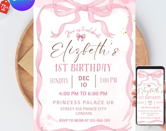 Pink Bow Birthday Invitation, Girl Pink Birthday Invite, Coquette Pink Bow Invitation, Pink Girl Ribbon Birthday Invitation, 5x7 Canva