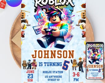 Roblox Invitation, Roblox Invite, Game Party, Roblox Boys Birthday Invitation Template, Game Birthday, Kids Roblox, Editable Template, Canva