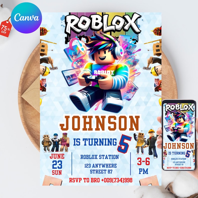 Peut inclure: Une invitation d'anniversaire sur le th&egrave;me de Roblox avec un personnage color&eacute; portant un casque et une manette. L'invitation comprend le nom "Johnson", l'&acirc;ge "5", la date, l'heure et les d&eacute;tails du lieu. Un smartphone affiche le m&ecirc;me design.
