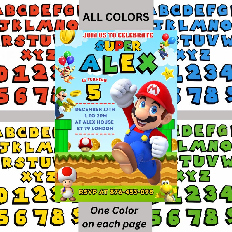 Super Mario Birthday Invitation | Editable Canva Template | Printable Digital Download | Mario Party Invite for Kids Boys Girls | Colorful image 2