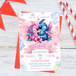 May include: A birthday invitation featuring Stitch and Angel from Lilo & Stitch. The invitation has a pink and blue floral design with the text "Join Us To Celebrate" and details for a 5th birthday party, including the name "Elizabeth's".