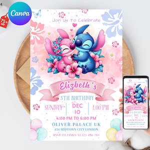 May include: A personalised invitation for a 5th birthday party, featuring Stitch and Angel characters. The design incorporates pink and blue floral decorations, the name "Elizabeth's", and event details. A mobile phone shows the invitation.