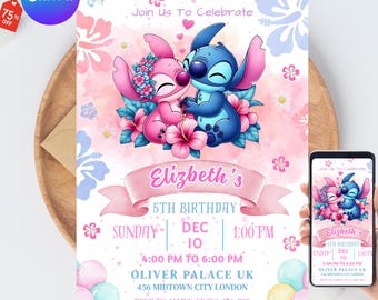 Stitch and Angel Birthday Invitation, Editable Stitch Birthday Invitation, Digital Party Invite, Stitch Birthday Party Invitation Printable