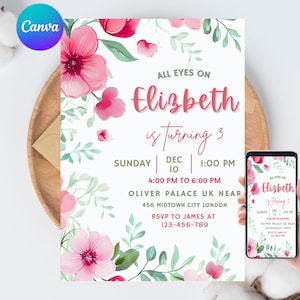 Może przedstawiać: Zaproszenie urodzinowe z różowymi kwiatowymi akcentami i tekstem "All Eyes on Elizabeth is turning 3." Zaproszenie zawiera szczegóły wydarzenia: niedziela, 10 grudnia, 13:00 i lokalizację. Telefon wyświetla zaproszenie.