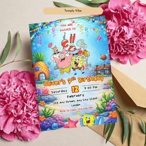 May include: A colorful birthday invitation featuring SpongeBob SquarePants and friends. The invitation includes the text "Oliver's 7th Birthday" with event details. The design is set against an underwater background with floral accents and a kraft paper envelope.