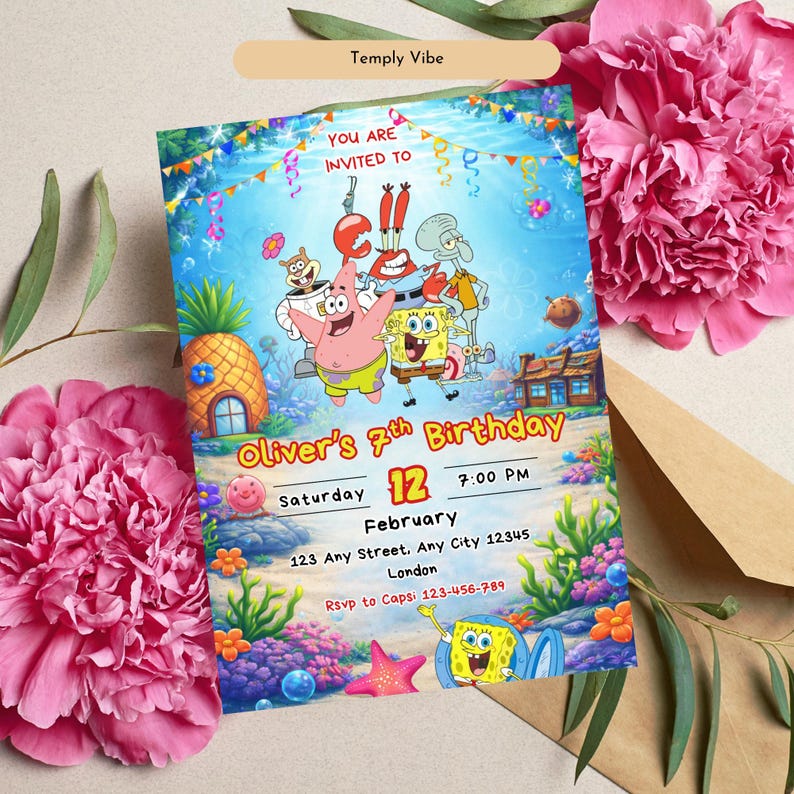 May include: A colorful birthday invitation featuring SpongeBob SquarePants and friends. The invitation includes the text "Oliver's 7th Birthday" with event details. The design is set against an underwater background with floral accents and a kraft paper envelope.