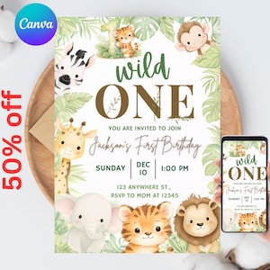 Safari eerste verjaardag Evite, Wild One Birthday, 1e verjaardag digitale uitnodiging, Jungle eerste verjaardag Evite, Jungle Animals Party Canva