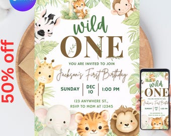 Safari Primer Cumpleaños Evite, Salvaje Cumpleaños, Invitación Digital para Primer Cumpleaños, Jungle Primer Cumpleaños Evite, Fiesta de Animales de la Jungla Canva