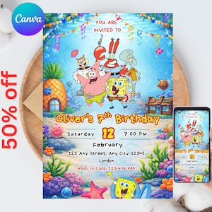 May include: A colorful birthday invitation featuring SpongeBob SquarePants and friends. The invitation includes the text "Oliver's 7th Birthday" with the date, time, and location. A mobile phone displays the same invitation.