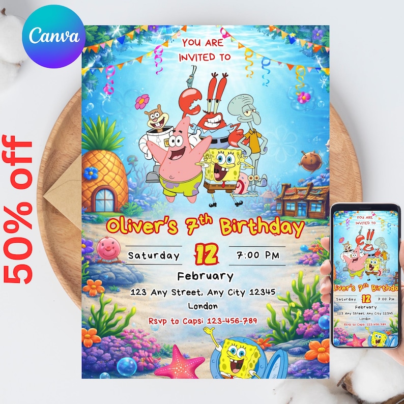 May include: A colorful birthday invitation featuring SpongeBob SquarePants and friends. The invitation includes the text "Oliver's 7th Birthday" with the date, time, and location. A mobile phone displays the same invitation.