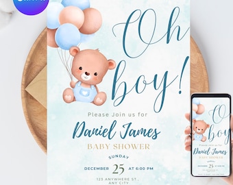 Editable Brown Bear Balloon Baby Shower Invitation, Oh boy Baby Shower Invite, Blue Boy Boho Bear Baby Shower, Canva