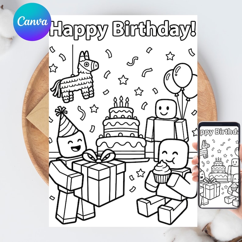 Happy Birthday Coloring Card DIGITAL Colouring Greeting Card for Kids