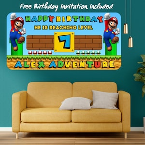 Striscione di compleanno super personalizzato, striscione di compleanno di Mario, compleanno di Luigi, compleanno di Yoshi, decorazioni di compleanno per bambini, sfondo di compleanno personalizzato