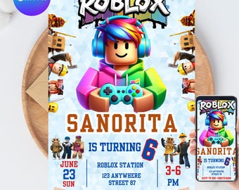 Invitación de Roblox, fiesta de juegos, plantilla de invitación de cumpleaños para chicos de Roblox, cumpleaños de juegos, Roblox para niños, plantilla editable, Canva