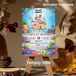 May include: A colorful birthday invitation featuring SpongeBob SquarePants and friends. The invitation includes the text "Oliver's 7th Birthday", date, time, location, and RSVP information. The design is set against an underwater background.
