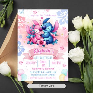 May include: A birthday invitation with a pink and blue theme, featuring Stitch and Angel. The invitation includes the text "Join Us To Celebrate" and details for Elizabeth's 5th birthday, including the date, time, and location in London.