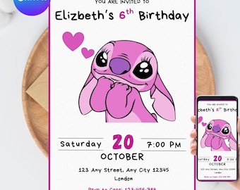 Invitación de cumpleaños de Stitch y un ángel, invitación de cumpleaños de ángel editable, invitación digital para fiesta, invitación imprimible para fiesta de cumpleaños de Stitch