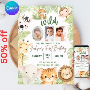 Safari Primer Cumpleaños E-mail, Salvaje Cumpleaños, Invitación Digital para Primer Cumpleaños, E-mail de Primer Cumpleaños en la Jungla, Fiesta de Animales de la Jungla con Foto