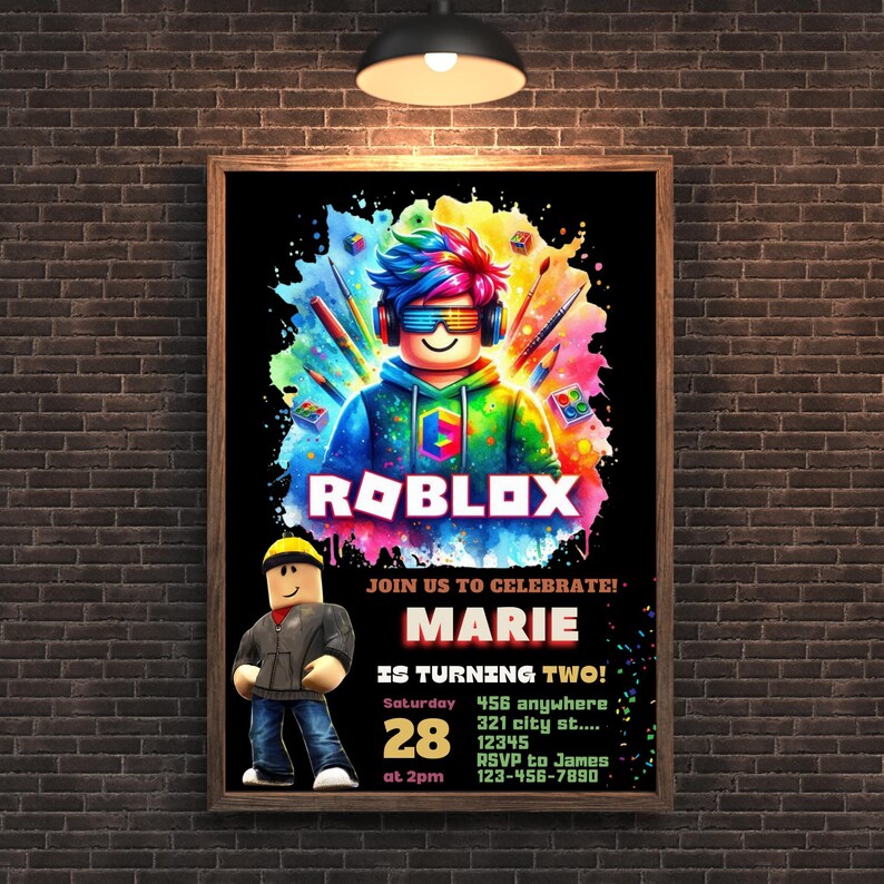 Pu&ograve; includere: Un invito incorniciato per una festa di compleanno con il logo Roblox e una grafica colorata di un personaggio di Roblox. L'invito include il testo "Unisciti a noi per festeggiare! Marie compie due anni!" e i dettagli dell'evento.