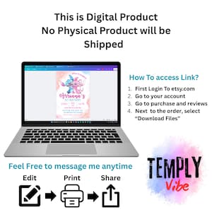 Pode incluir: Um laptop exibe um convite digital para o 1&ordm; anivers&aacute;rio de Arianna, com os personagens Stitch e Angel. A imagem inclui instru&ccedil;&otilde;es sobre como acessar o link de download, juntamente com &iacute;cones para edi&ccedil;&atilde;o, impress&atilde;o e compartilhamento. O texto diz: "Este &eacute; um produto digital, nenhum produto f&iacute;sico ser&aacute; enviado."