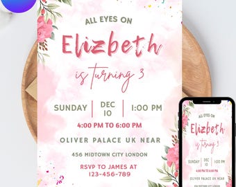 Editable Pink Floral Birthday Invitation Girl 3rd Birthday Party Invite Pink Watercolor Floral Invite Canva Editable Digital Download