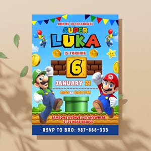 May include: A vibrant birthday invitation with the words "Super Luka" and the number "6". The design incorporates cartoon characters, gold coins, and a green pipe. The invitation also includes the date, time, and location of the party.
