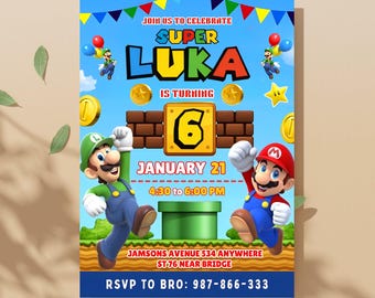 Convite de Aniversário do Super Mario | Modelo Editável no Canva | Download Digital para Imprimir | Convite para Festa do Mario para Crianças (Meninos e Meninas) | Colorido