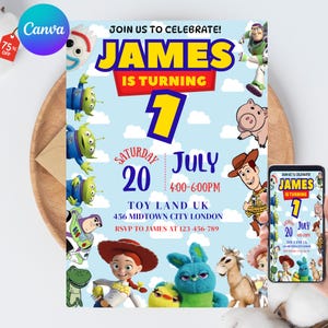 May include: A birthday party invitation with cartoon characters. The invitation is light blue and features the text "JAMES IS TURNING 7" and event details. A smaller version of the invitation is displayed on a smartphone.