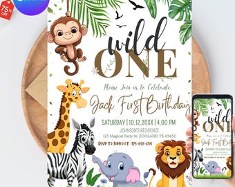 Safari Erster Geburtstag Evite, Wild One Geburtstag, 1. Geburtstag Digitale Einladung, Dschungel Erster Geburtstag Evite, Dschungeltier-Party
