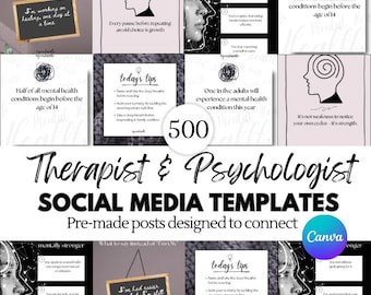 Therapist Social Media Templates: 500 pre-made Mental Health Posts (Canva Digital Editable)
