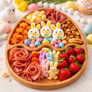 May include: A wooden Easter-themed serving platter filled with an assortment of treats. The platter includes cheese cubes, sliced meats, nuts, cookies, strawberries, and bunny-shaped candies. Decorative eggs and a bunny figurine are also present.